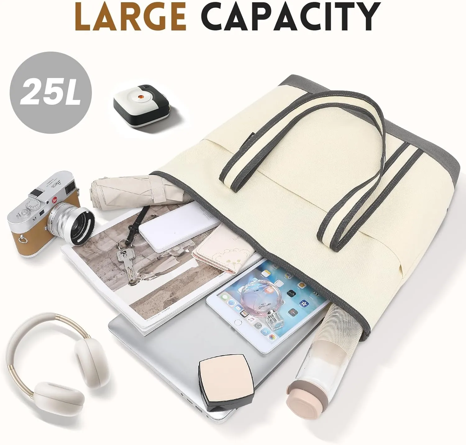 Large Canvas Tote Bag for Women, Beach Bag with Zipper, Utility Tote Bag with 3 Front Pockets, Weekender Pool Bag