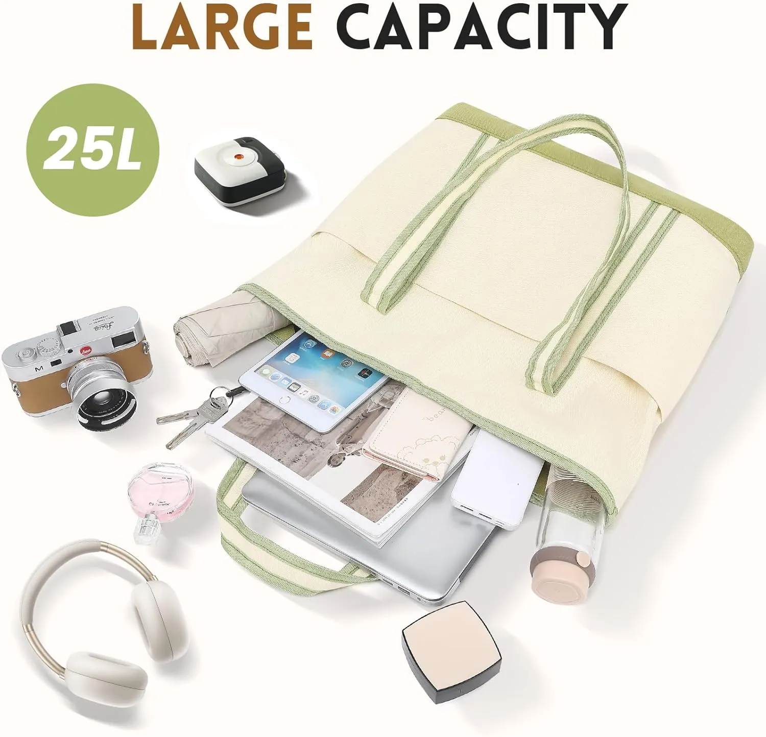 Large Canvas Tote Bag for Women, Beach Bag with Zipper, Utility Tote Bag with 3 Front Pockets, Weekender Pool Bag