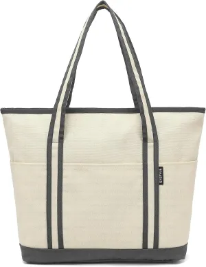 Large Canvas Tote Bag for Women, Beach Bag with Zipper, Utility Tote Bag with 3 Front Pockets, Weekender Pool Bag