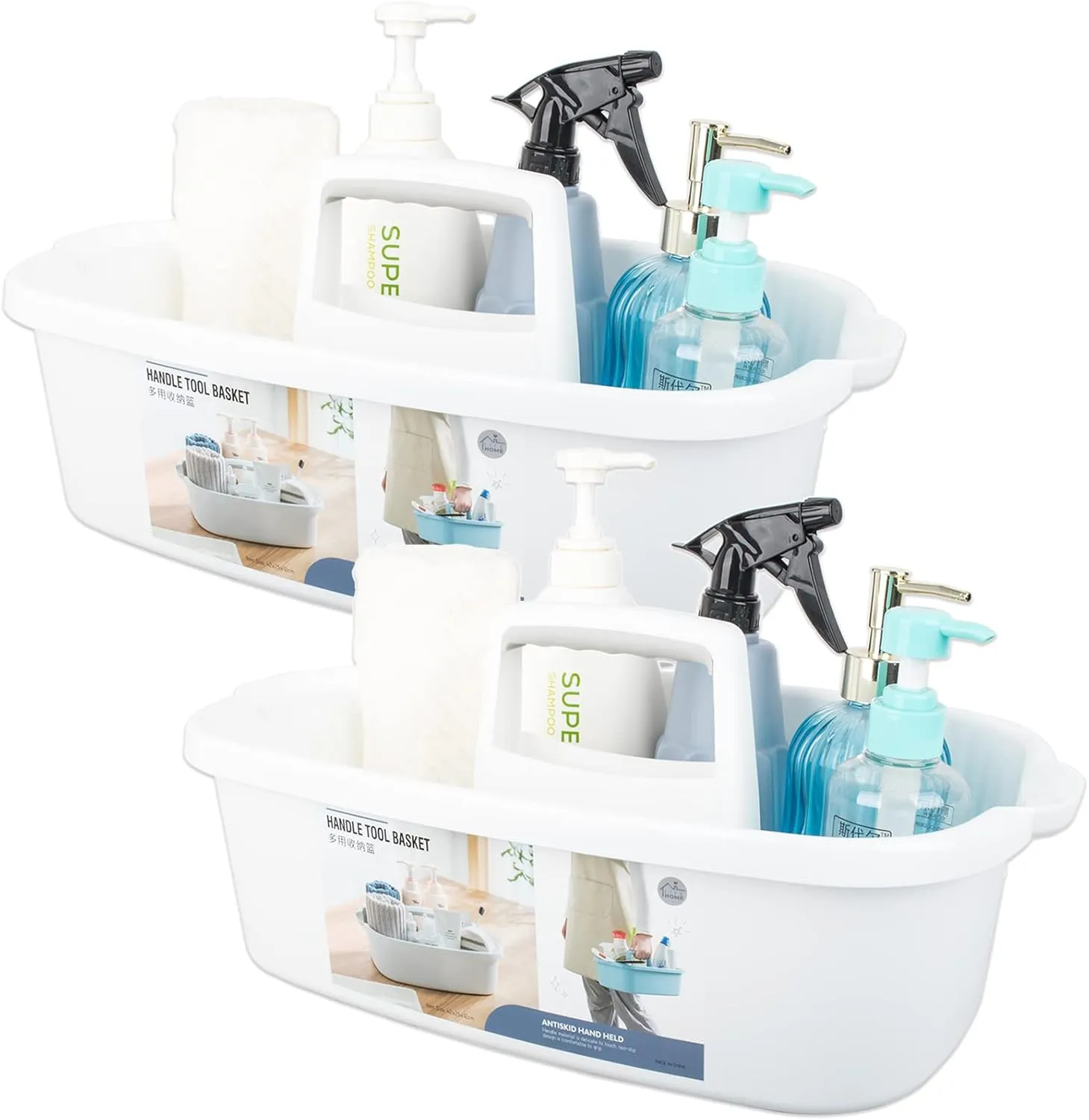 Large Cleaning Supplies Caddy Portable Shower Basket Supply Organizer with Handle Plastic Bucket Tool Storage for Bathroom, Bedroom, Kitchen, College Dorm, Garden, White 2 Pack