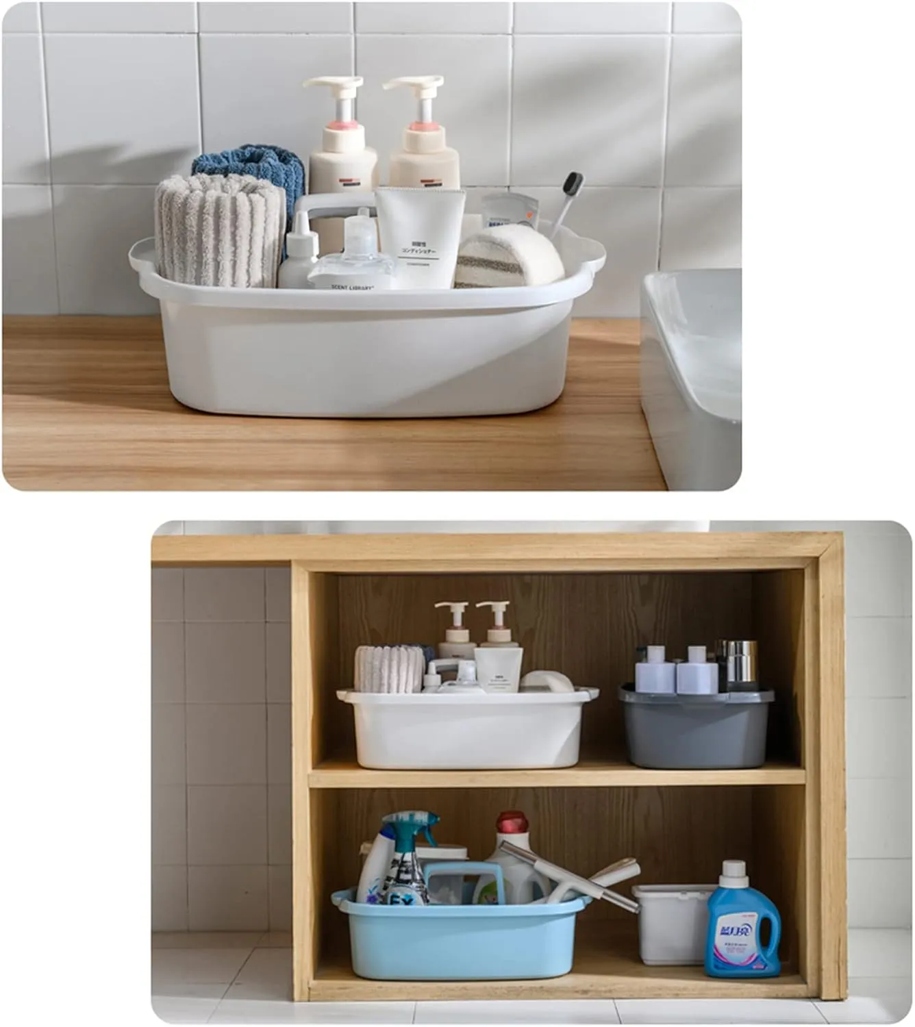 Large Cleaning Supplies Caddy Portable Shower Basket Supply Organizer with Handle Plastic Bucket Tool Storage for Bathroom, Bedroom, Kitchen, College Dorm, Garden, White 2 Pack