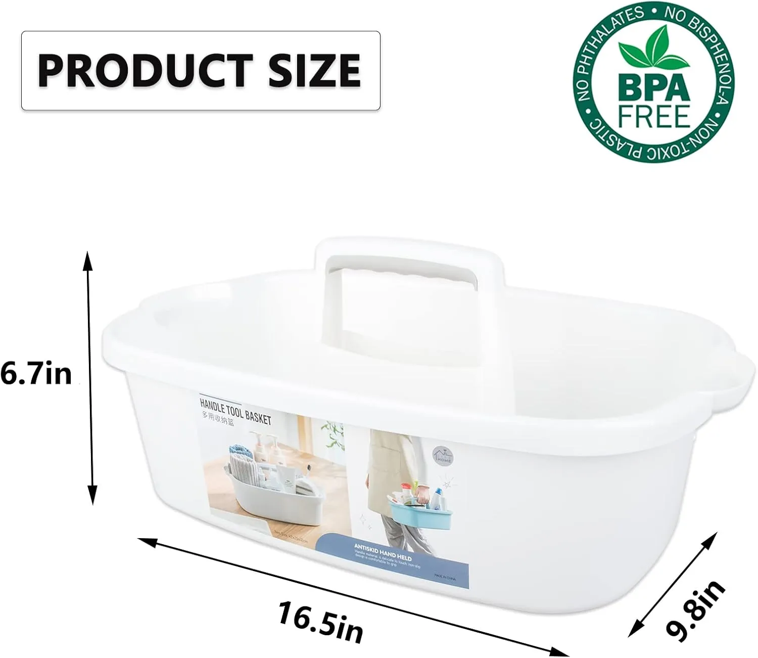 Large Cleaning Supplies Caddy Portable Shower Basket Supply Organizer with Handle Plastic Bucket Tool Storage for Bathroom, Bedroom, Kitchen, College Dorm, Garden, White 2 Pack