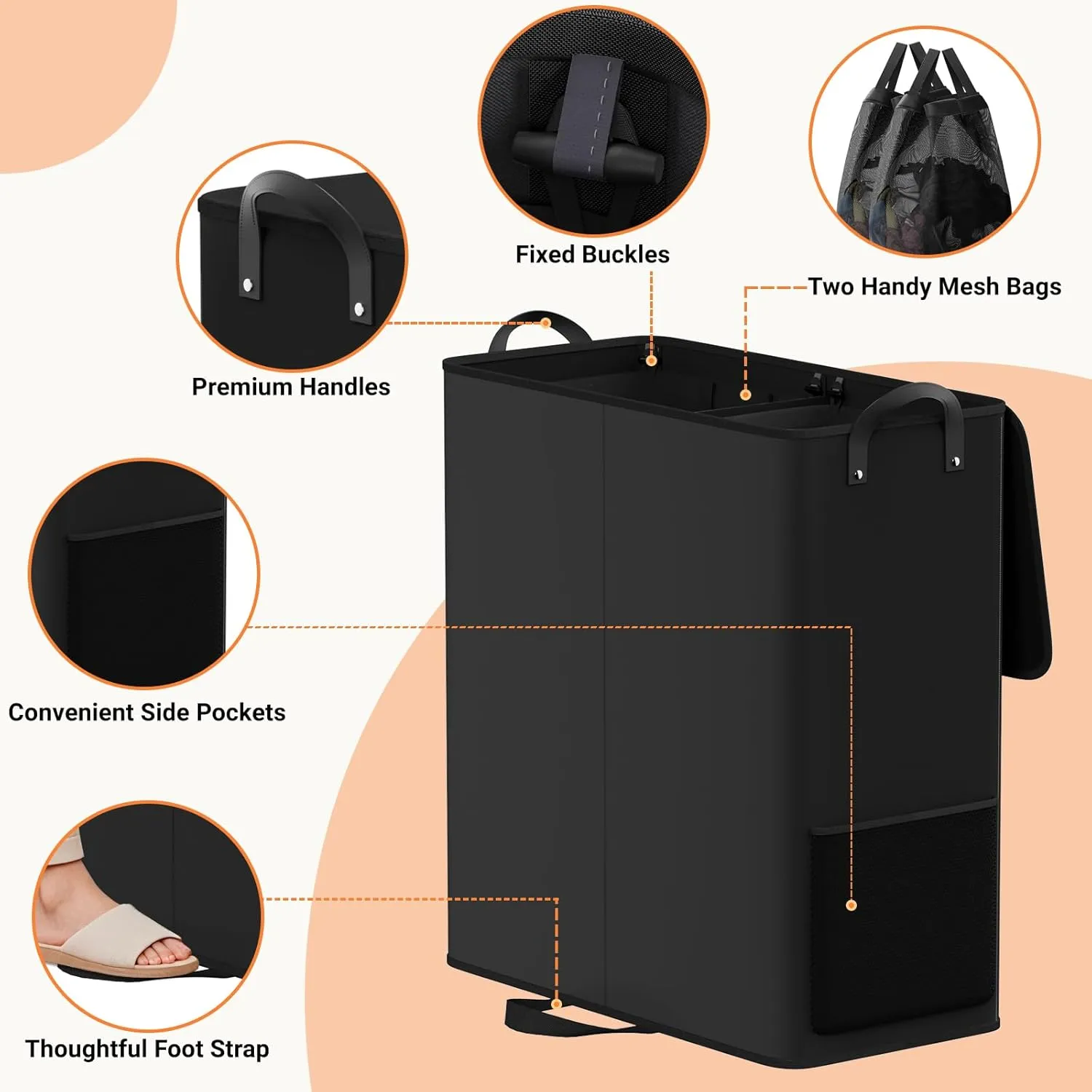 Large Double Laundry Hamper with Lid, Removable Bags & Reinforced Handles, 2 Section Tall Laundry Basket, Dirty Clothes Hampers for Laundry Room, Bedroom, Bathroom, Dorm, 136L, Black