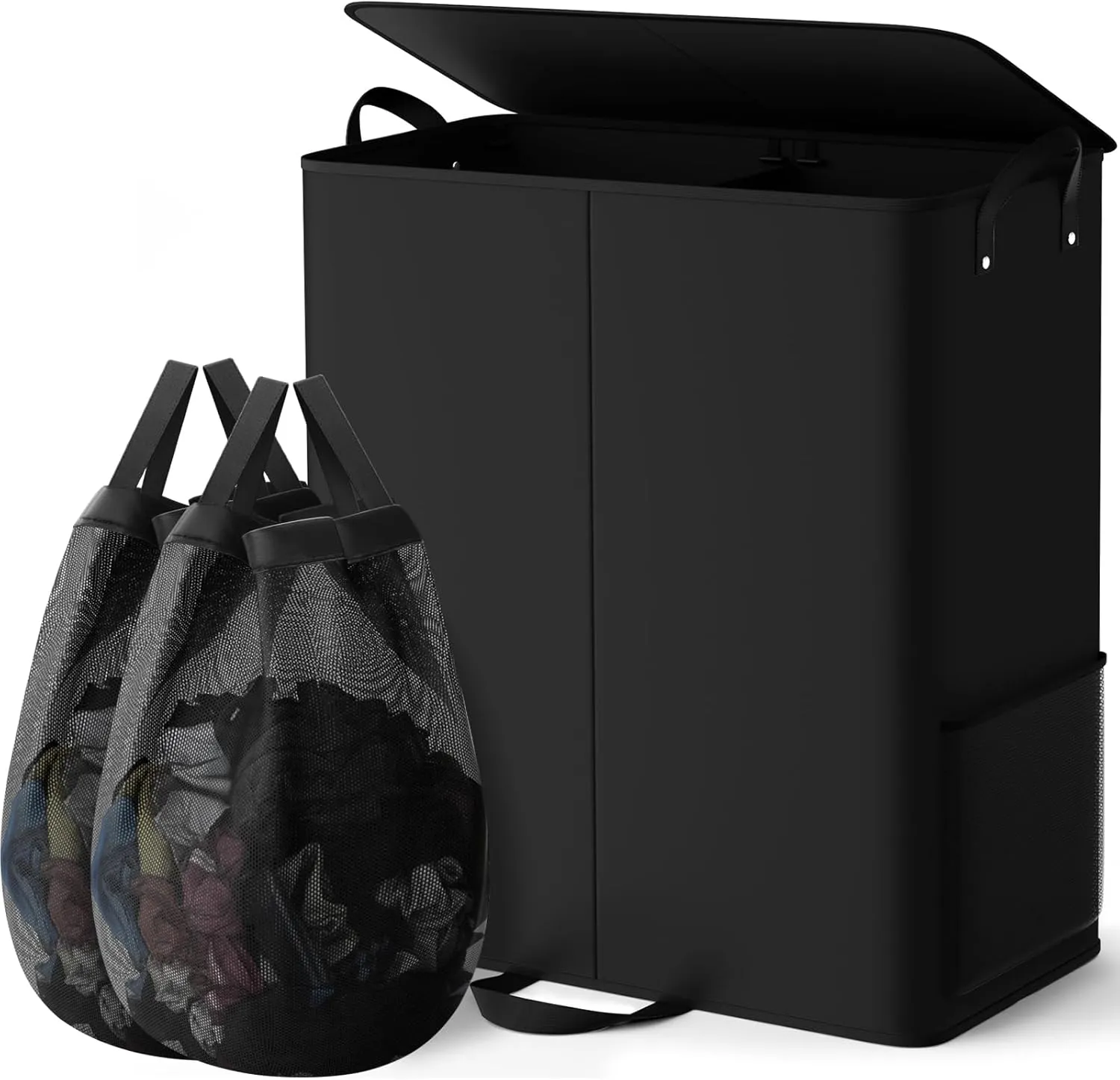 Large Double Laundry Hamper with Lid, Removable Bags & Reinforced Handles, 2 Section Tall Laundry Basket, Dirty Clothes Hampers for Laundry Room, Bedroom, Bathroom, Dorm, 136L, Black