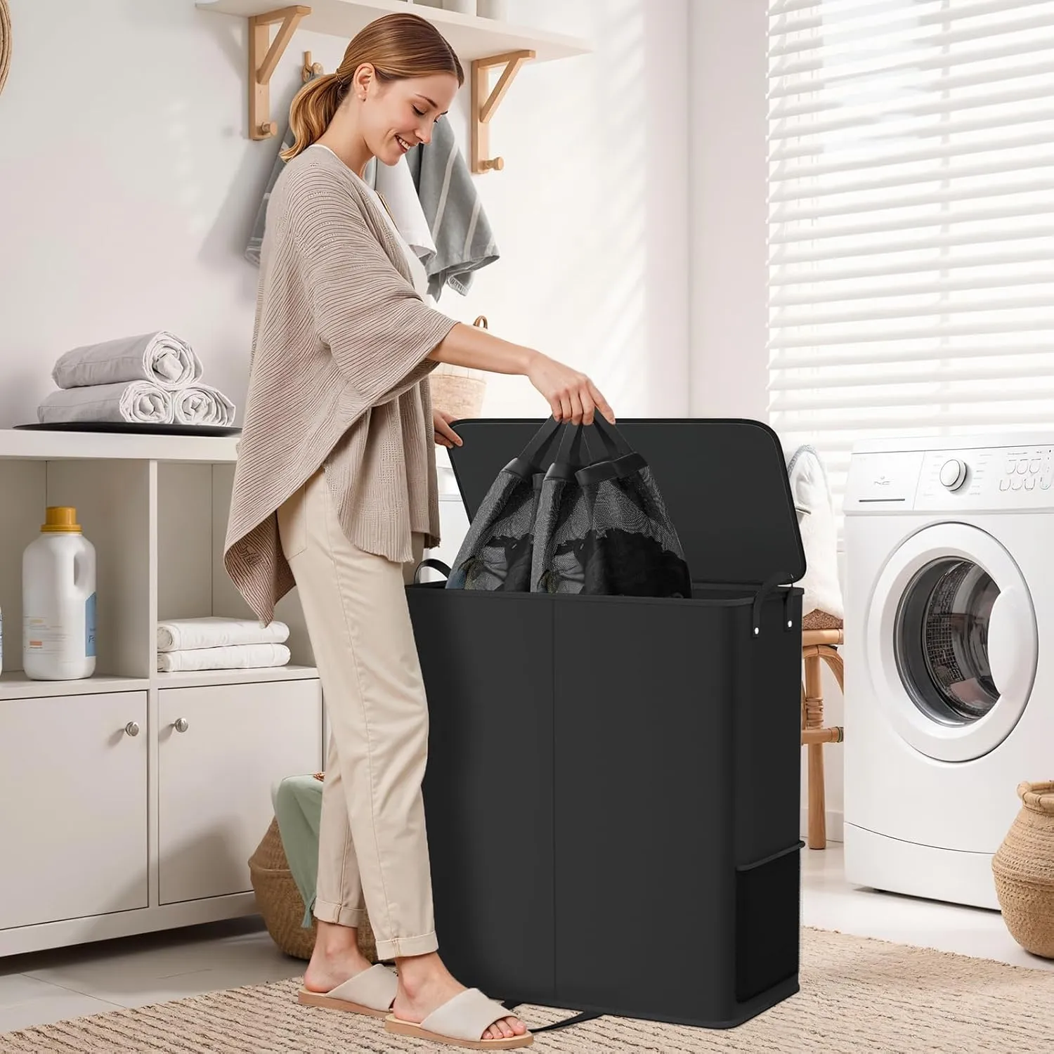 Large Double Laundry Hamper with Lid, Removable Bags & Reinforced Handles, 2 Section Tall Laundry Basket, Dirty Clothes Hampers for Laundry Room, Bedroom, Bathroom, Dorm, 136L, Black