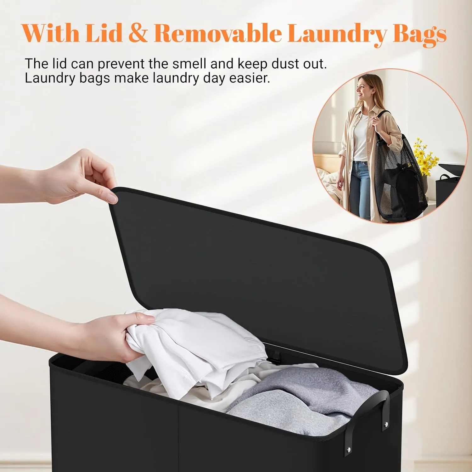 Large Double Laundry Hamper with Lid, Removable Bags & Reinforced Handles, 2 Section Tall Laundry Basket, Dirty Clothes Hampers for Laundry Room, Bedroom, Bathroom, Dorm, 136L, Black