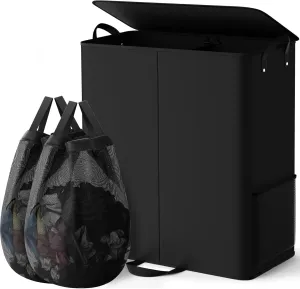 Large Double Laundry Hamper with Lid, Removable Bags & Reinforced Handles, 2 Section Tall Laundry Basket, Dirty Clothes Hampers for Laundry Room, Bedroom, Bathroom, Dorm, 136L, Black