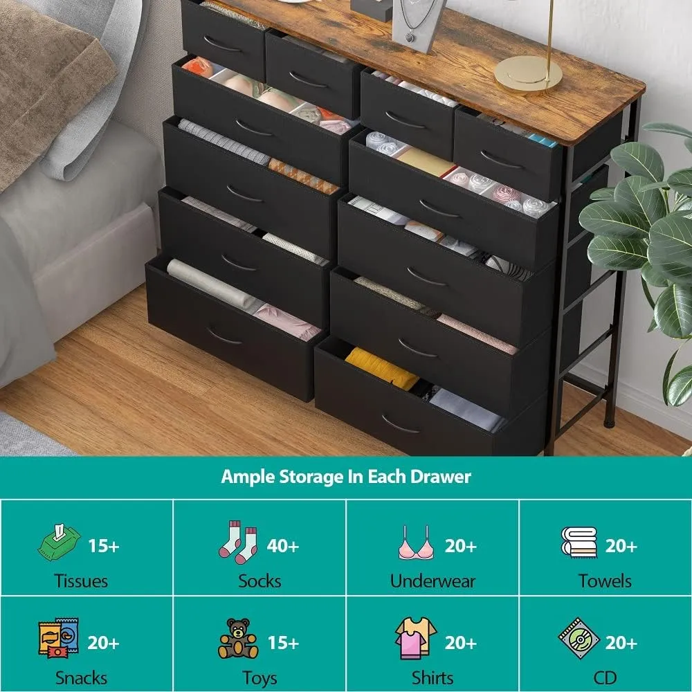 Large Dresser for Bedroom with 12 Deep Drawers, Tall Fabric Drawer Dresser, Chest of Drawers for Closet, Nursery, Living Room, Laundry, Entryway, Hallway (Black)