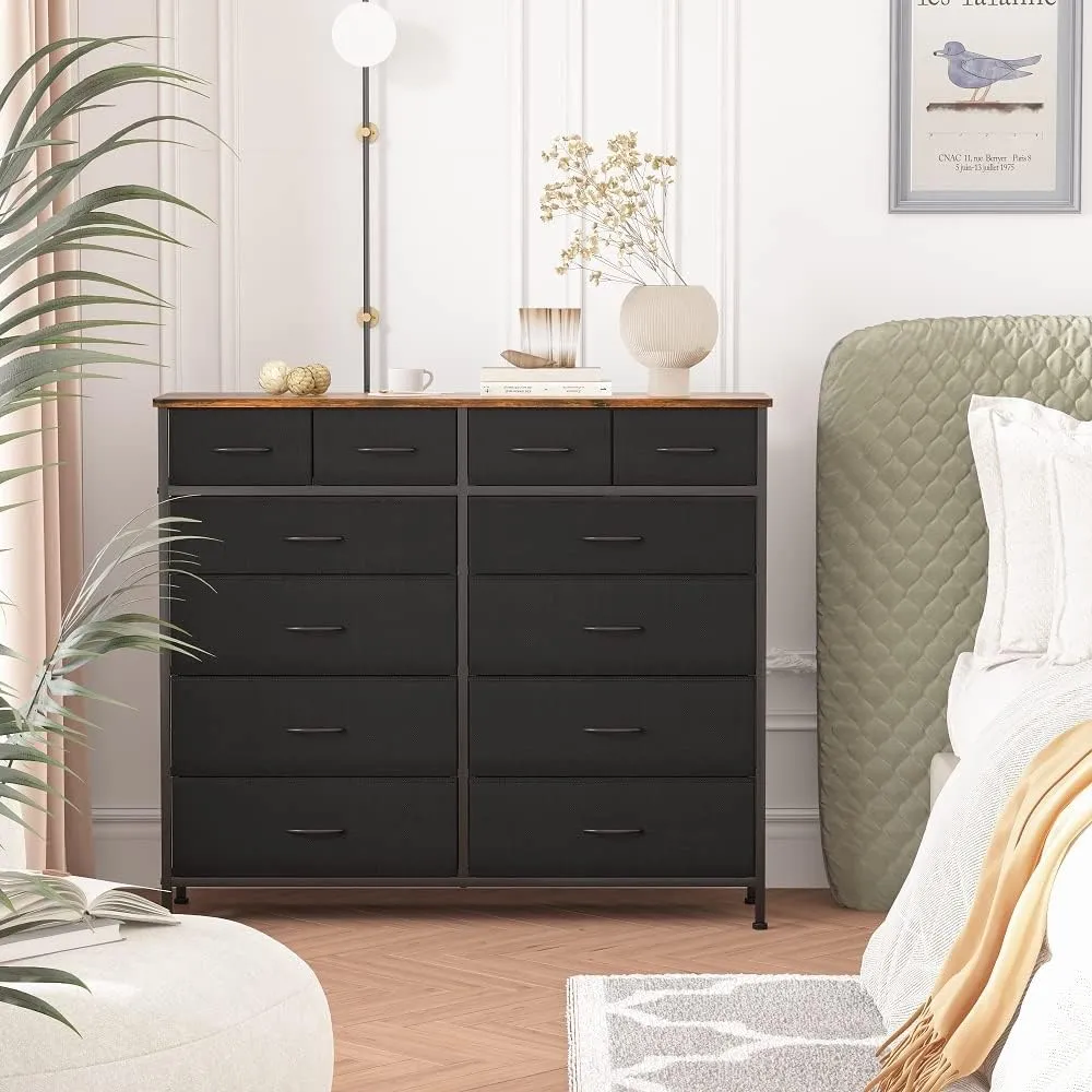 Large Dresser for Bedroom with 12 Deep Drawers, Tall Fabric Drawer Dresser, Chest of Drawers for Closet, Nursery, Living Room, Laundry, Entryway, Hallway (Black)