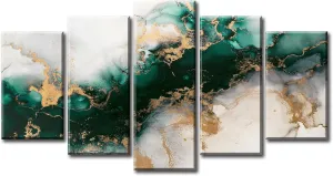 Large Framed Canvas Wall Art – 5 Piece Green Abstract Textured Prints for Living Room Decor, Emerald Green and Gold Fluid Marble – Modern Home Bedroom Office Decorations