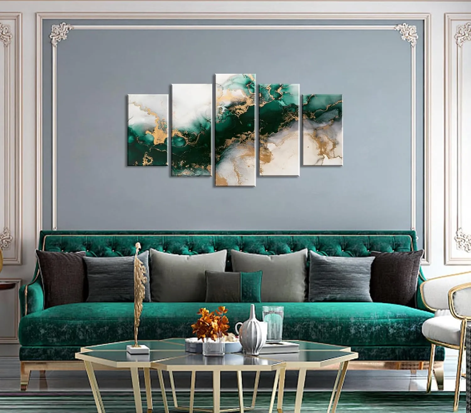Large Framed Canvas Wall Art – 5 Piece Green Abstract Textured Prints for Living Room Decor, Emerald Green and Gold Fluid Marble – Modern Home Bedroom Office Decorations
