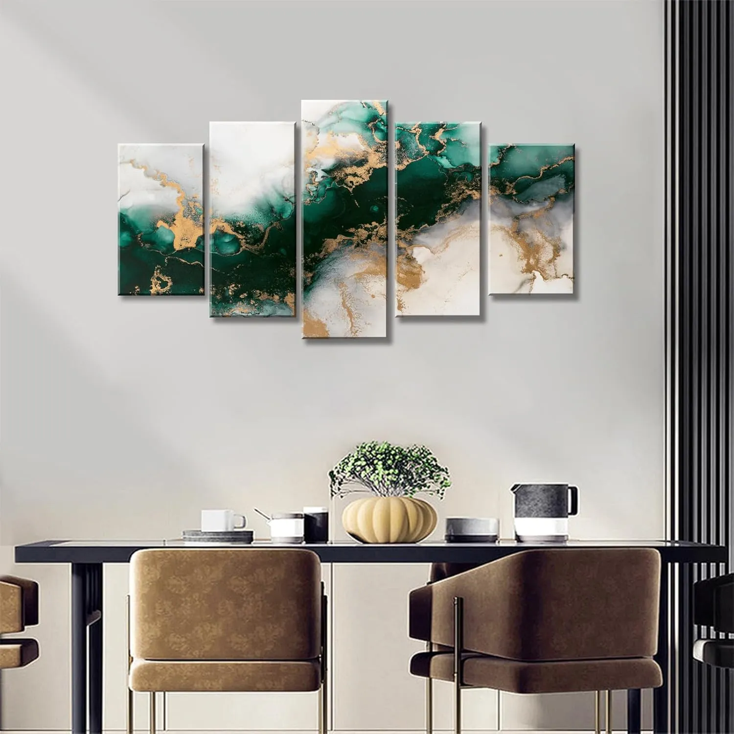 Large Framed Canvas Wall Art – 5 Piece Green Abstract Textured Prints for Living Room Decor, Emerald Green and Gold Fluid Marble – Modern Home Bedroom Office Decorations