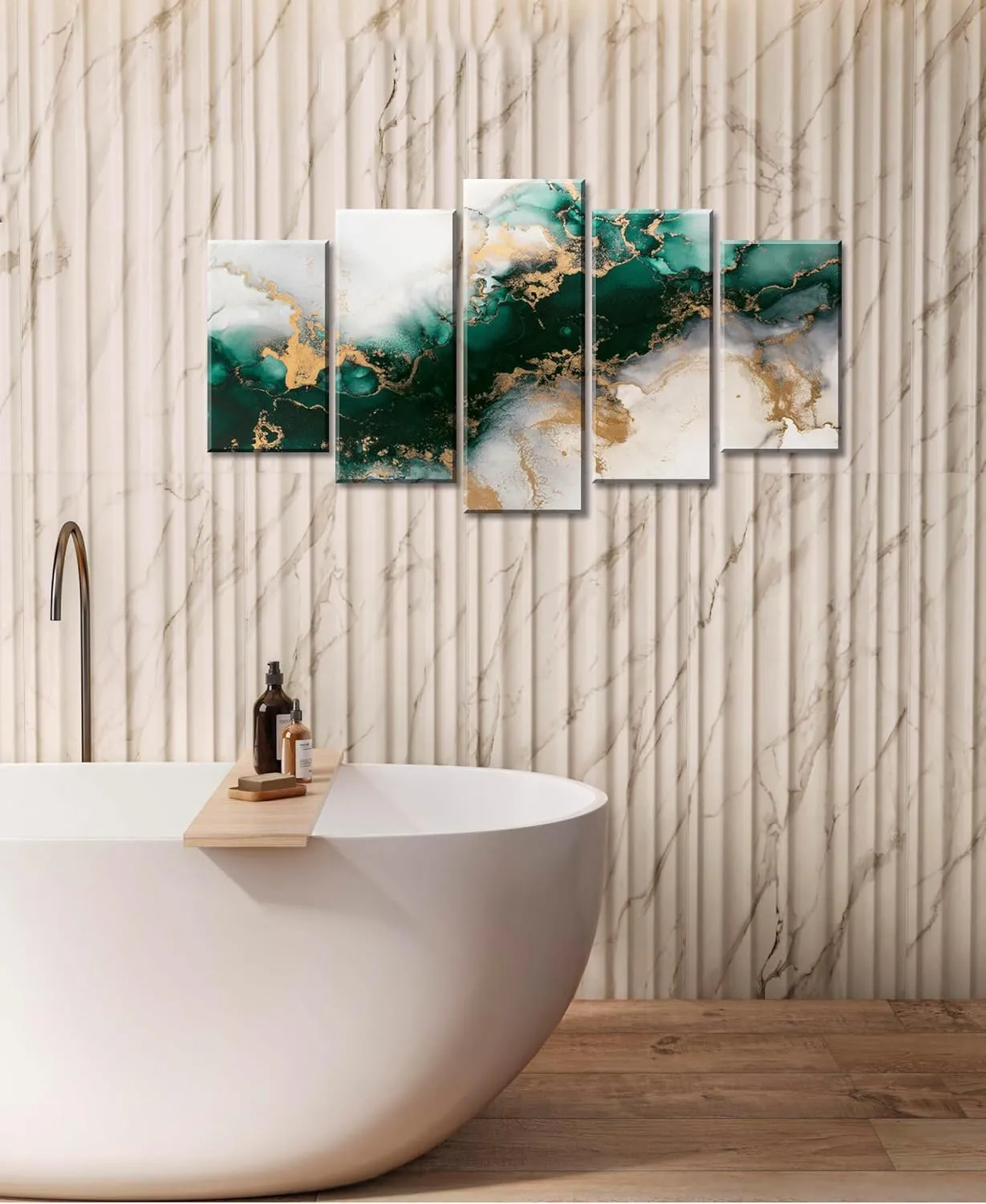 Large Framed Canvas Wall Art – 5 Piece Green Abstract Textured Prints for Living Room Decor, Emerald Green and Gold Fluid Marble – Modern Home Bedroom Office Decorations