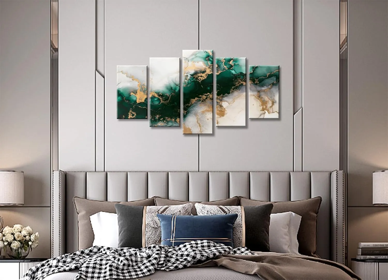 Large Framed Canvas Wall Art – 5 Piece Green Abstract Textured Prints for Living Room Decor, Emerald Green and Gold Fluid Marble – Modern Home Bedroom Office Decorations