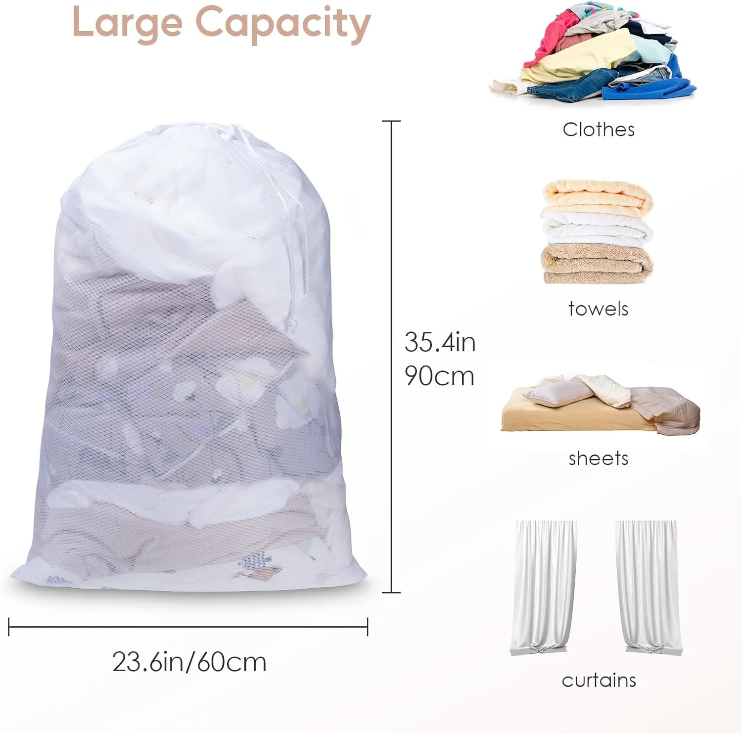 Large Mesh Laundry Bag, 24×36inch Heavy Duty Mesh Laundry Bags Drawstring Lockable, Laundry Hamper Liner, Machine Washable, for Travel,Storage, Sports Factories, Dorms, White 2pcs