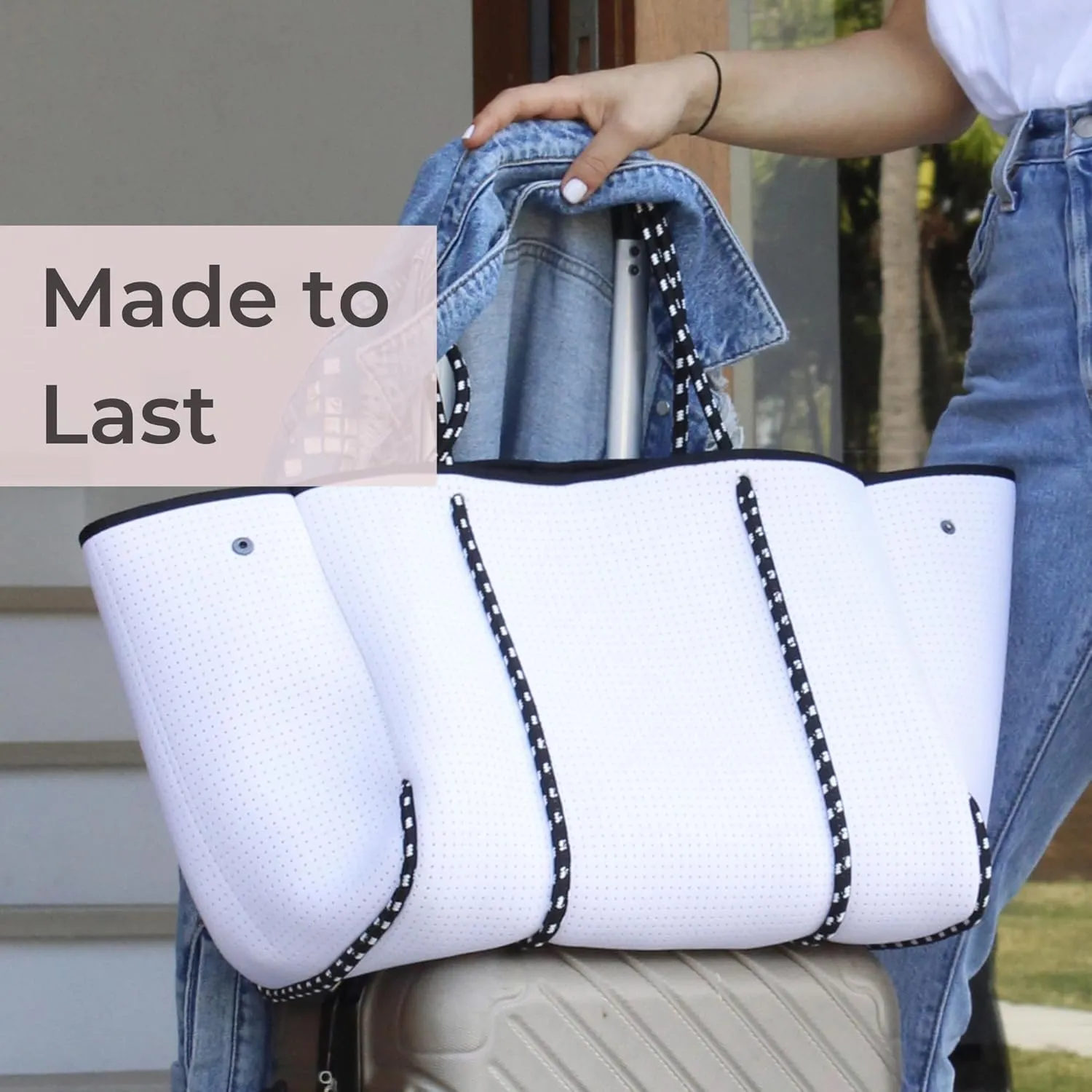 Large Neoprene Tote Bag for Women - Everyday Designer Handbag for Travel Work and Beach with Pockets and Zipper Pouch