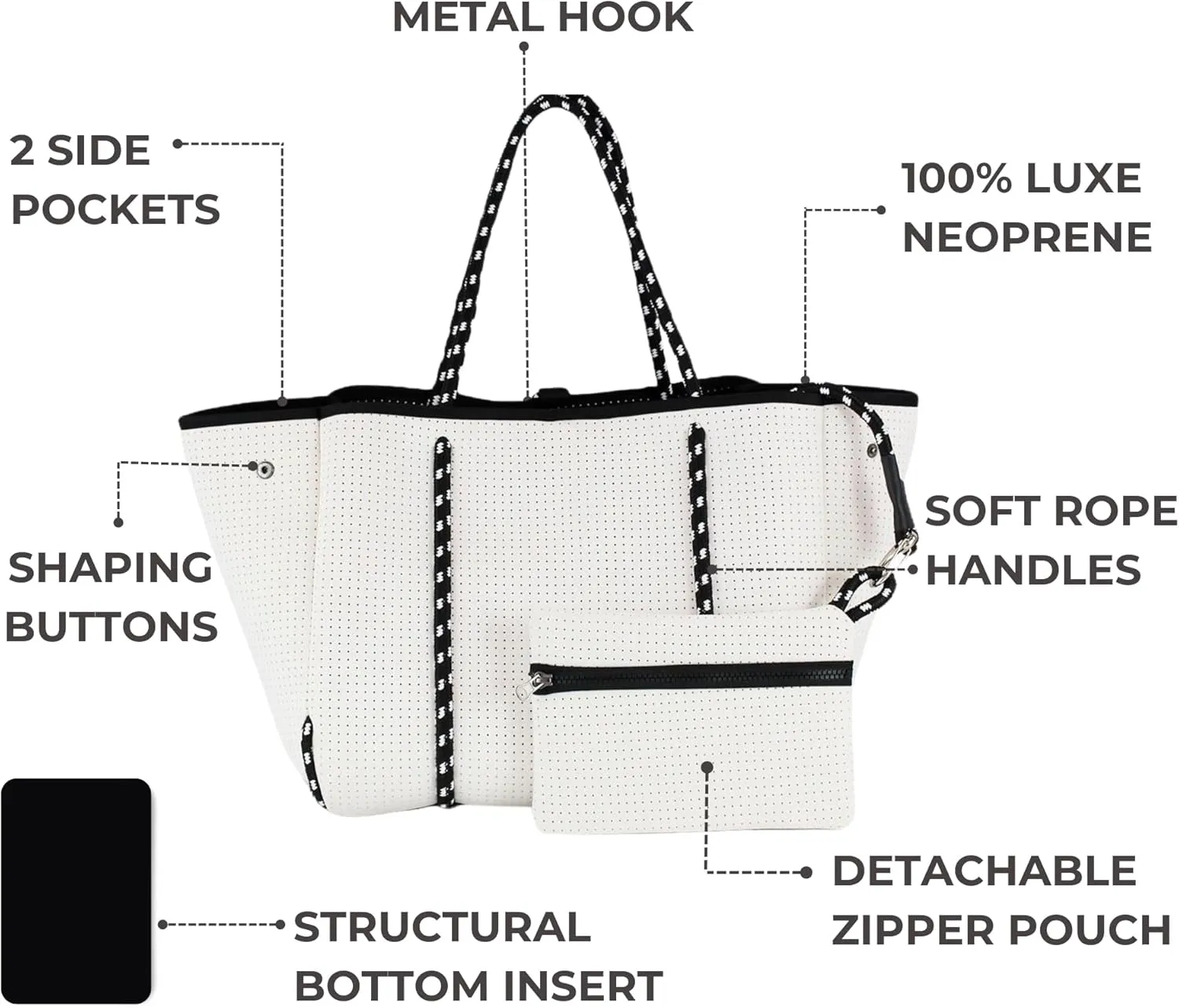Large Neoprene Tote Bag for Women - Everyday Designer Handbag for Travel Work and Beach with Pockets and Zipper Pouch