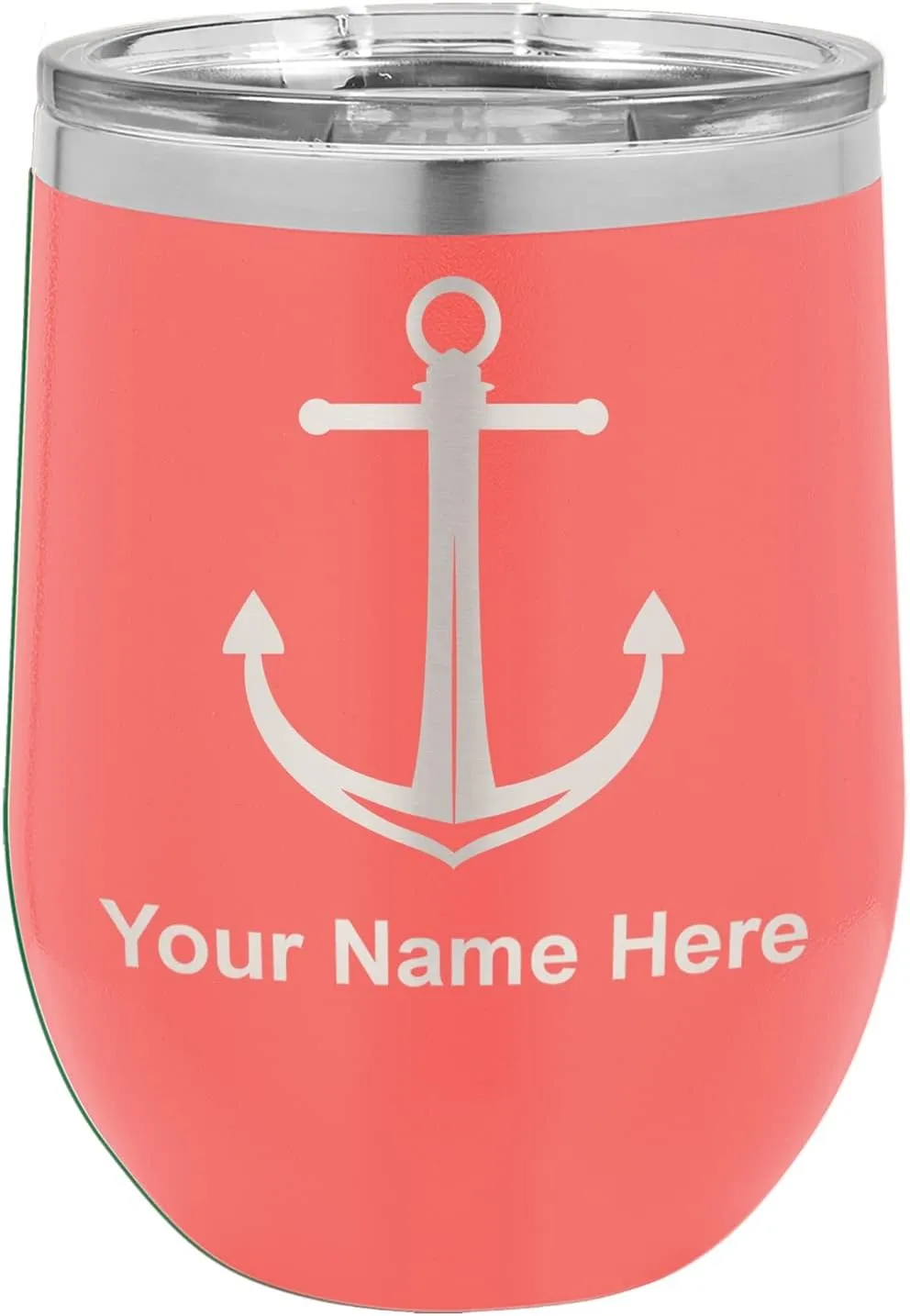 LaserGram Double Wall Stainless Steel Wine Glass Tumbler, Boat Anchor, Personalized Engraving Included (Coral)