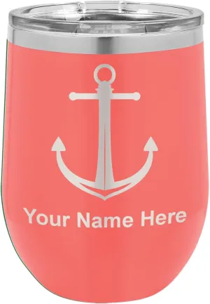 LaserGram Double Wall Stainless Steel Wine Glass Tumbler, Boat Anchor, Personalized Engraving Included (Coral)