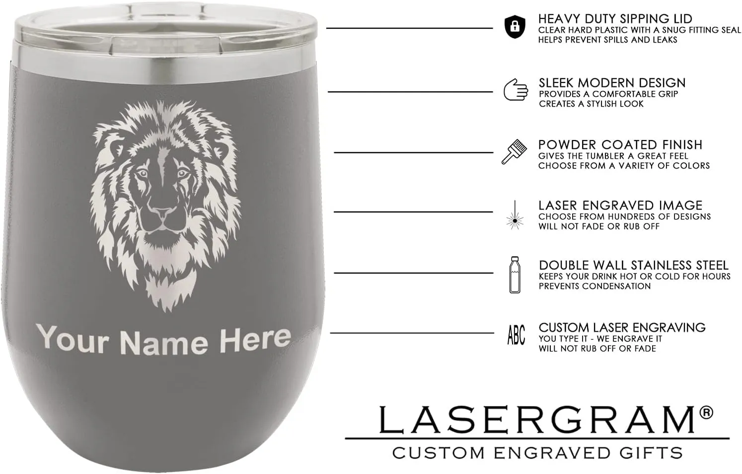 LaserGram Double Wall Stainless Steel Wine Glass Tumbler, Compass Rose, Personalized Engraving Included (Gray)
