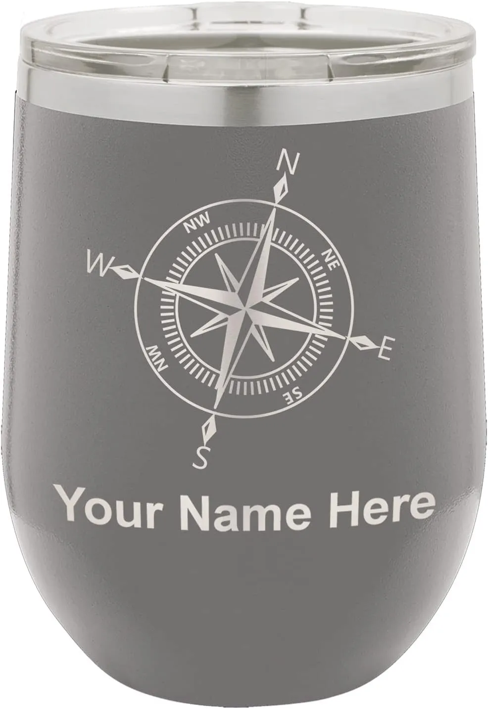 LaserGram Double Wall Stainless Steel Wine Glass Tumbler, Compass Rose, Personalized Engraving Included (Gray)