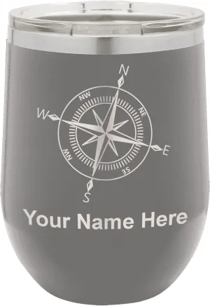 LaserGram Double Wall Stainless Steel Wine Glass Tumbler, Compass Rose, Personalized Engraving Included (Gray)