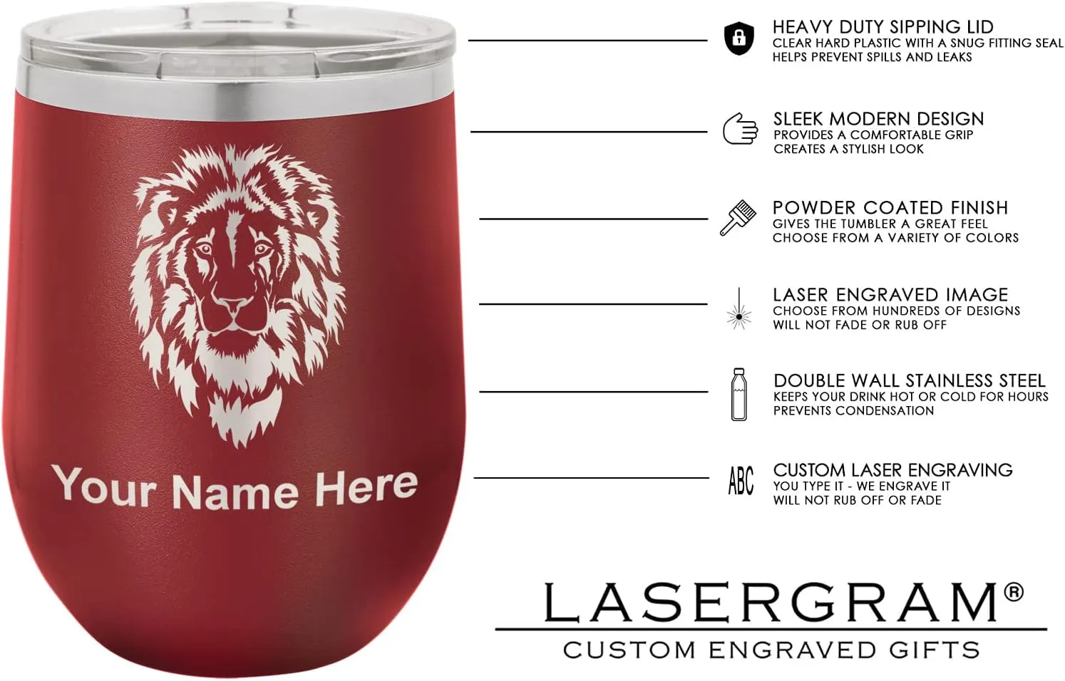 LaserGram Double Wall Stainless Steel Wine Glass Tumbler, Compass Rose, Personalized Engraving Included (Maroon)