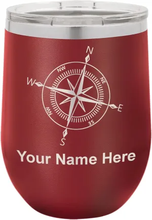 LaserGram Double Wall Stainless Steel Wine Glass Tumbler, Compass Rose, Personalized Engraving Included (Maroon)