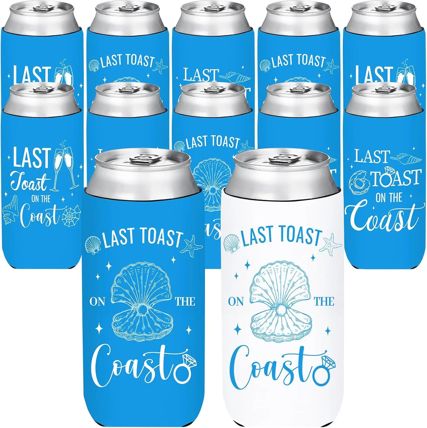 Last Toast On The Coast Bachelorette Can Coolers - 12 Pack Blue Beach Bachelorette Party Decoration Slim Beer Cans Cooler Sleeves for Bride Bridesmaid Bridal Shower Beach Coastal Party Favors Gifts