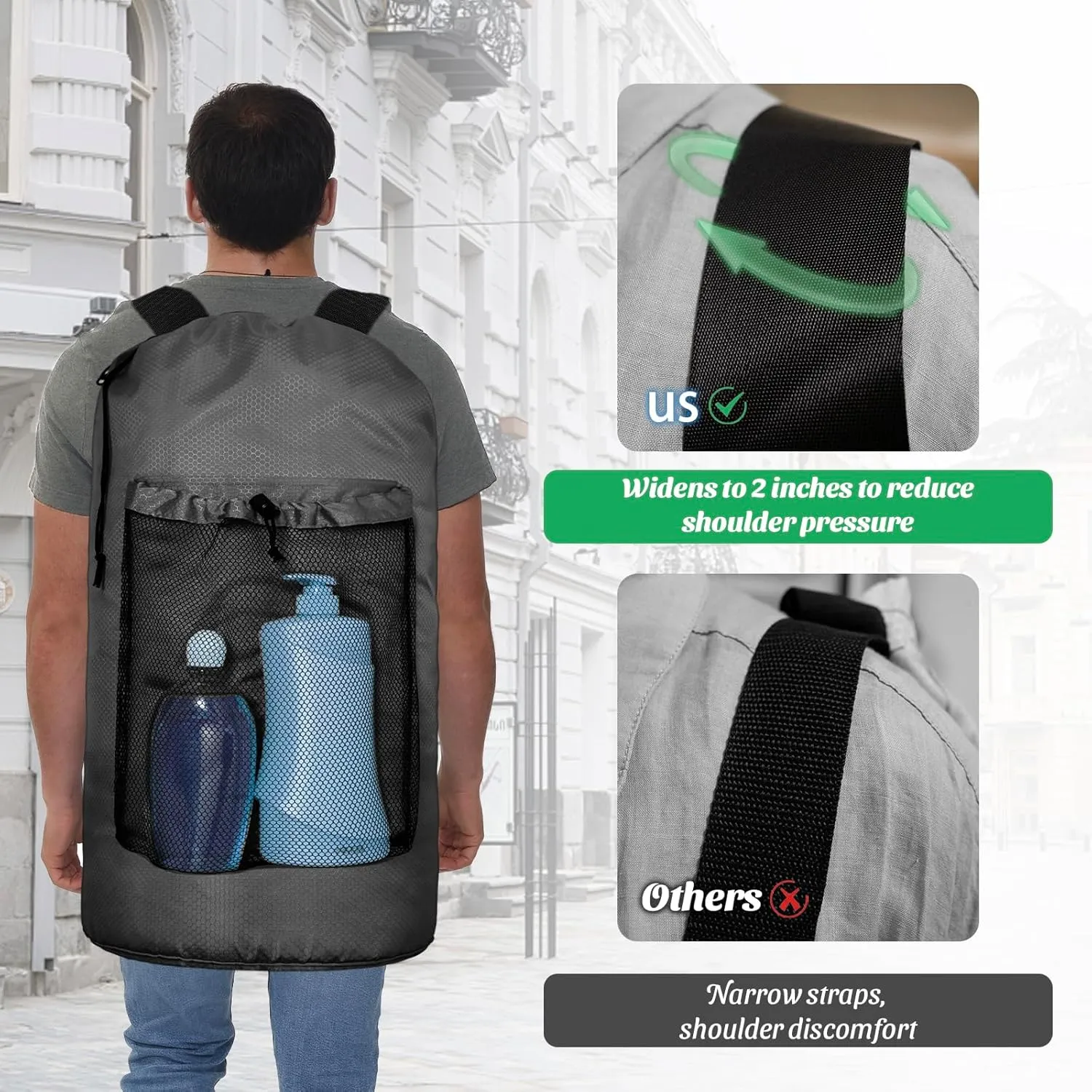 Laundry Bag Backpack Large Travel Laundry Bag with Mesh Pocket & Adjustable Shoulder Straps Portable Backpack Laundry Bag for College Dorm, Apartment, Grey