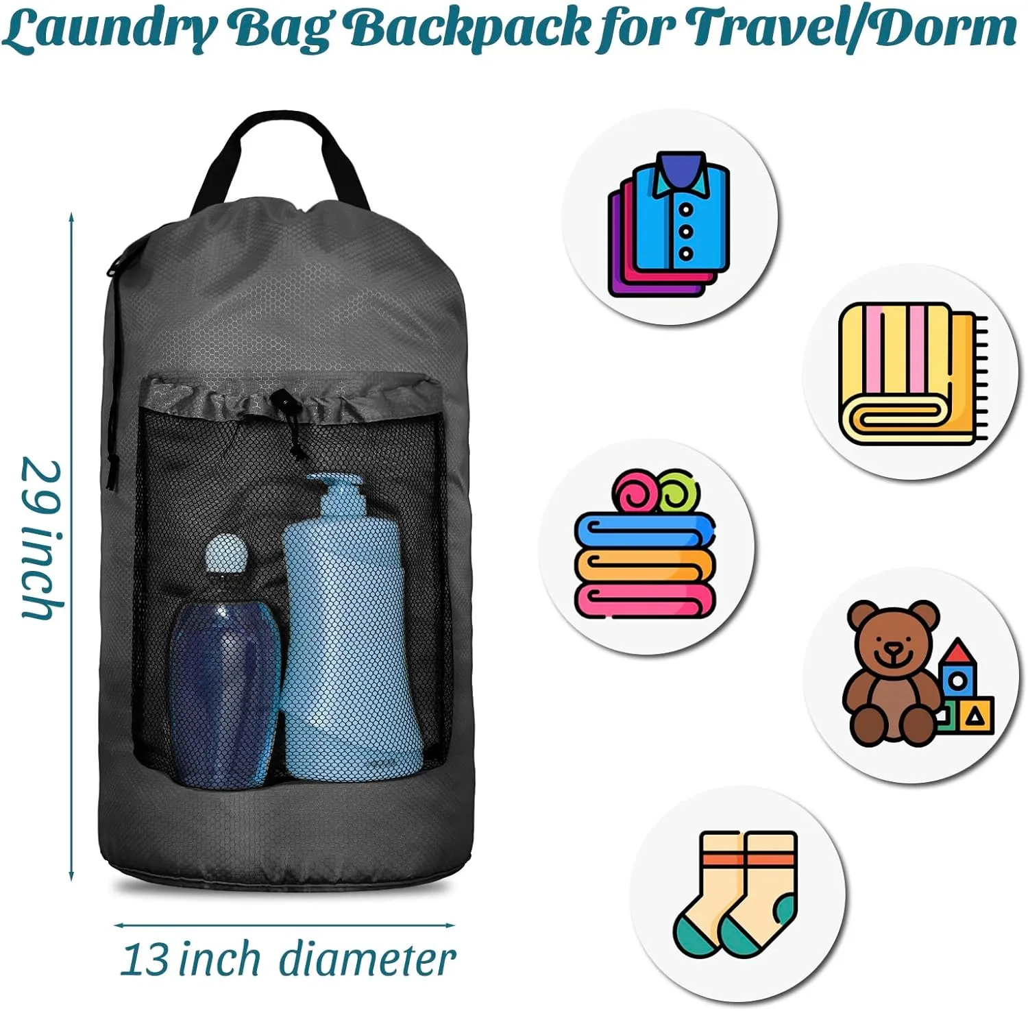 Laundry Bag Backpack Large Travel Laundry Bag with Mesh Pocket & Adjustable Shoulder Straps Portable Backpack Laundry Bag for College Dorm, Apartment, Grey