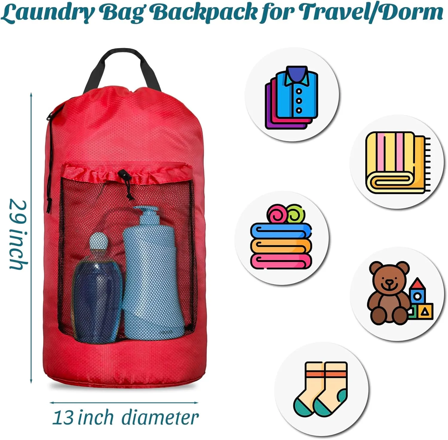Laundry Bag Backpack Large Travel Laundry Bag with Mesh Pocket & Adjustable Shoulder Straps Portable Backpack Laundry Bag for College Dorm, Apartment, Red