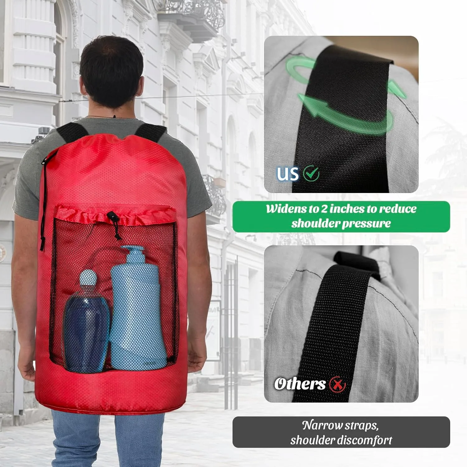 Laundry Bag Backpack Large Travel Laundry Bag with Mesh Pocket & Adjustable Shoulder Straps Portable Backpack Laundry Bag for College Dorm, Apartment, Red