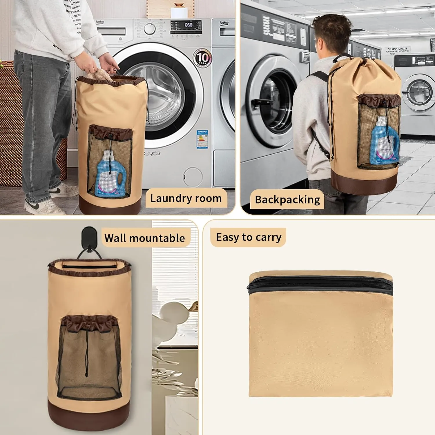 Laundry Bag Backpack with Shoulder Straps and Mesh Pocket Foldable Laundry Hamper for College, Apartment, Laundromat (Brown)