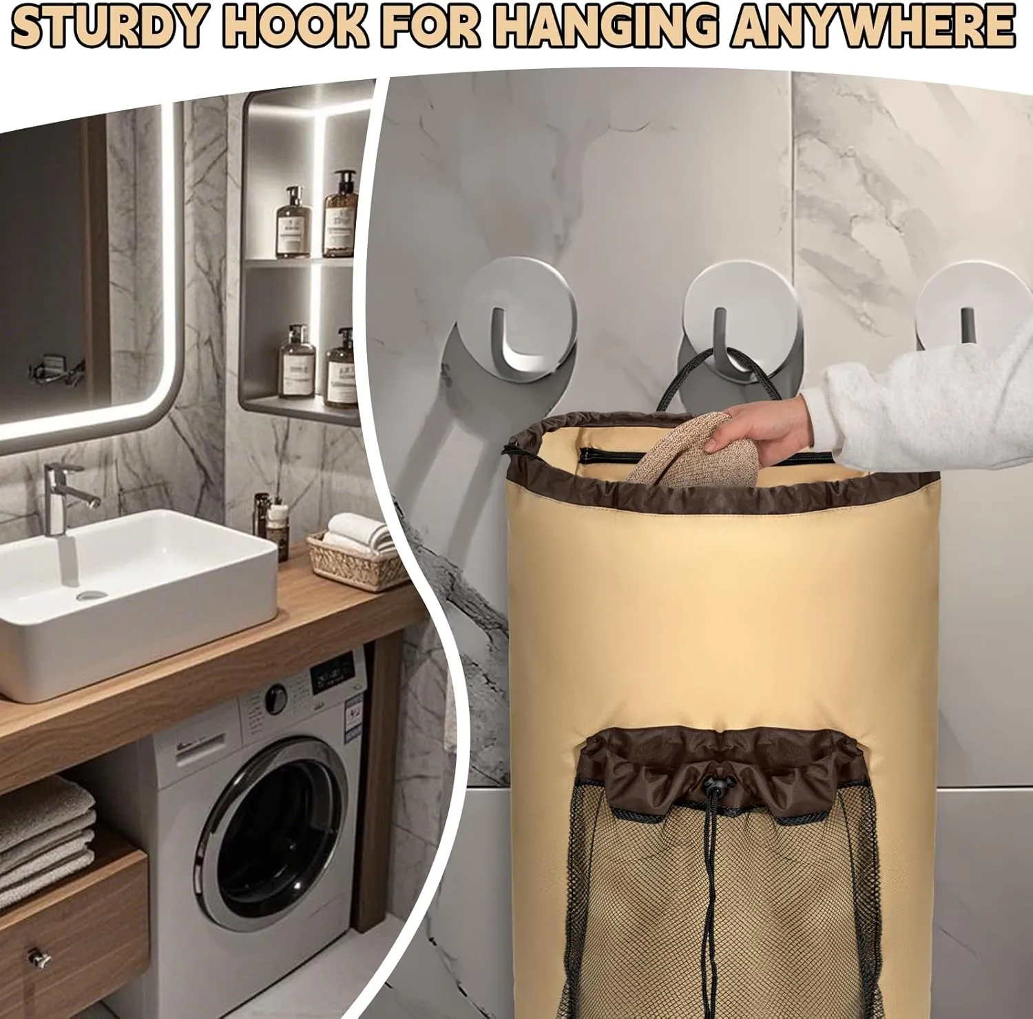 Laundry Bag Backpack with Shoulder Straps and Mesh Pocket Foldable Laundry Hamper for College, Apartment, Laundromat (Brown)