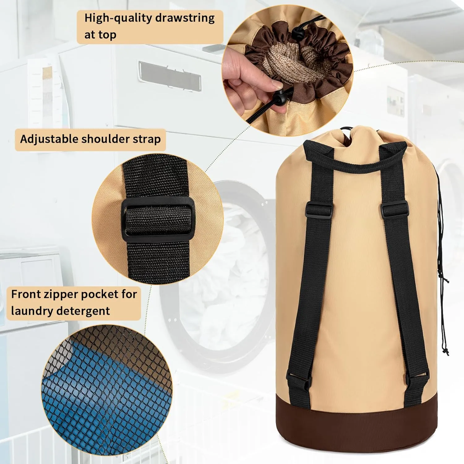 Laundry Bag Backpack with Shoulder Straps and Mesh Pocket Foldable Laundry Hamper for College, Apartment, Laundromat (Brown)