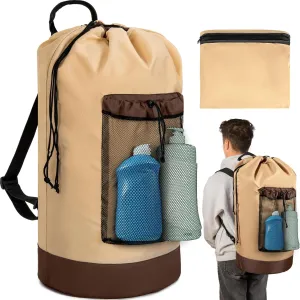 Laundry Bag Backpack with Shoulder Straps and Mesh Pocket Foldable Laundry Hamper for College, Apartment, Laundromat (Brown)