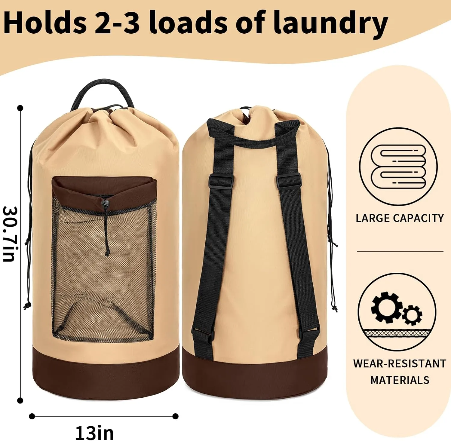 Laundry Bag Backpack with Shoulder Straps and Mesh Pocket Foldable Laundry Hamper for College, Apartment, Laundromat (Brown)