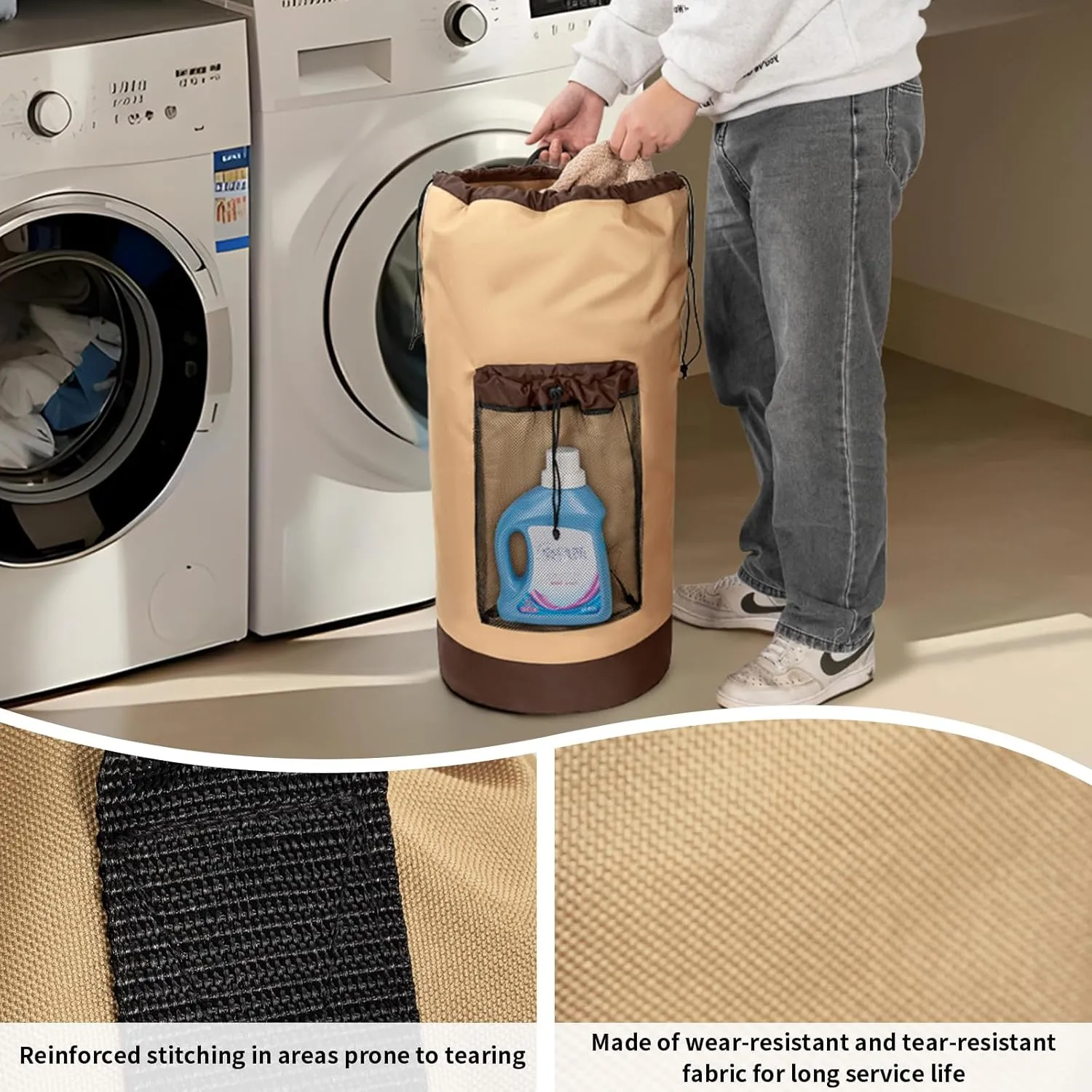 Laundry Bag Backpack with Shoulder Straps and Mesh Pocket Foldable Laundry Hamper for College, Apartment, Laundromat (Brown)