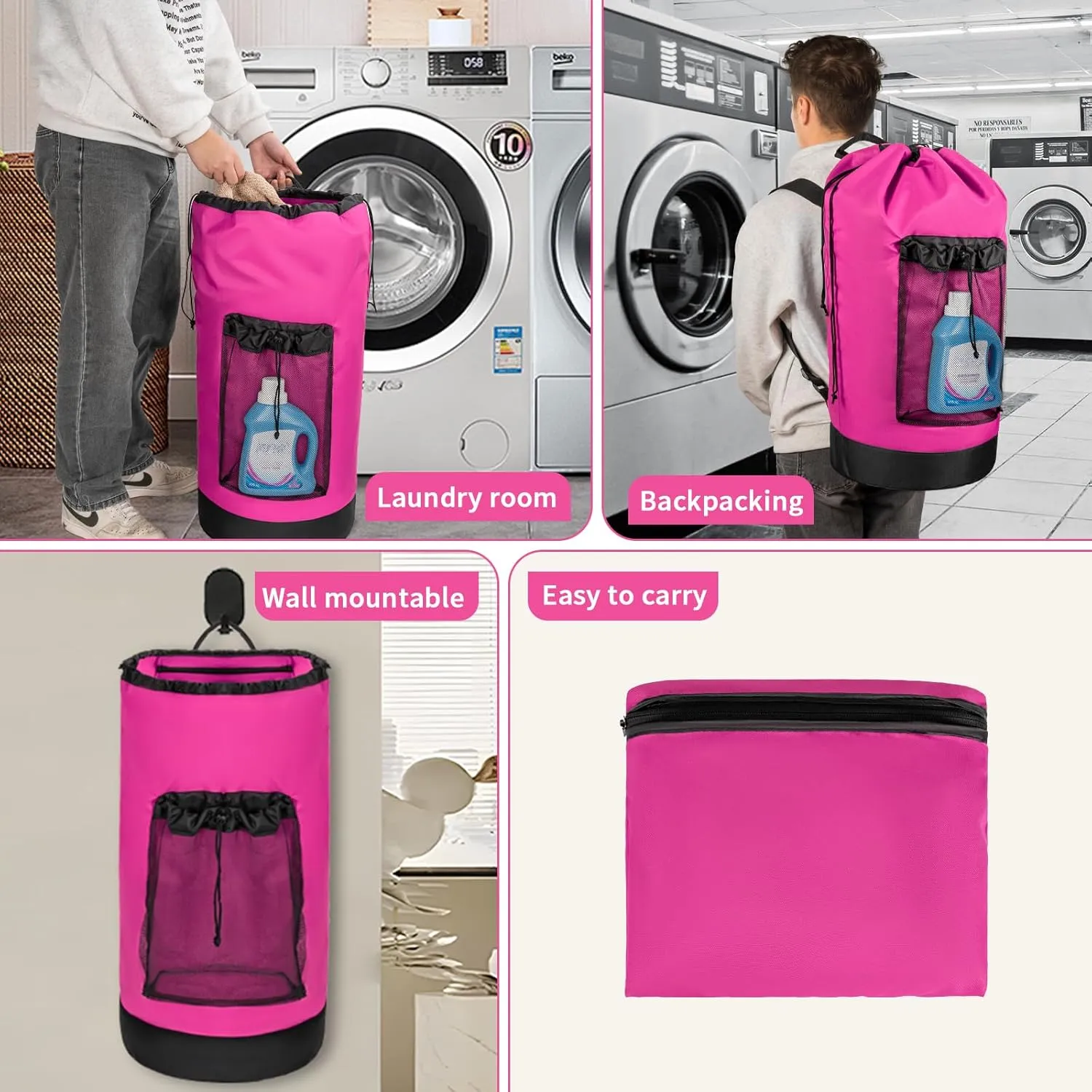 Laundry Bag Backpack with Shoulder Straps and Mesh Pocket Foldable Laundry Hamper for College, Apartment, Laundromat (Pink)