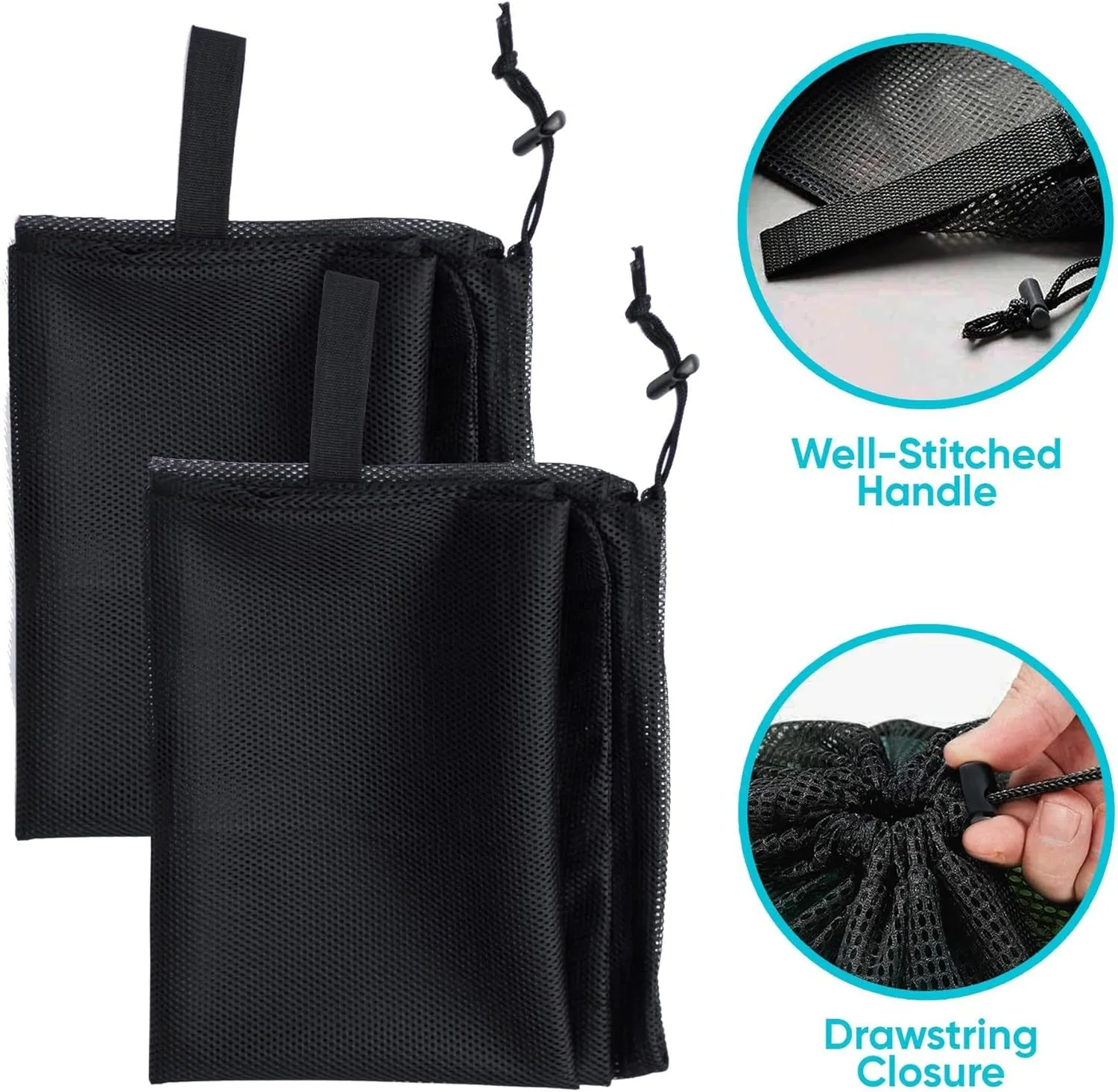 Laundry Bag Drawstring Clothes Wash Bag Window Curtain Clothes Organizer Mesh Laundry Bag Home Dorm, Travel and Outdoor Activities Black/White Matching Set of 6 (Double Handles Black Fine Mesh)