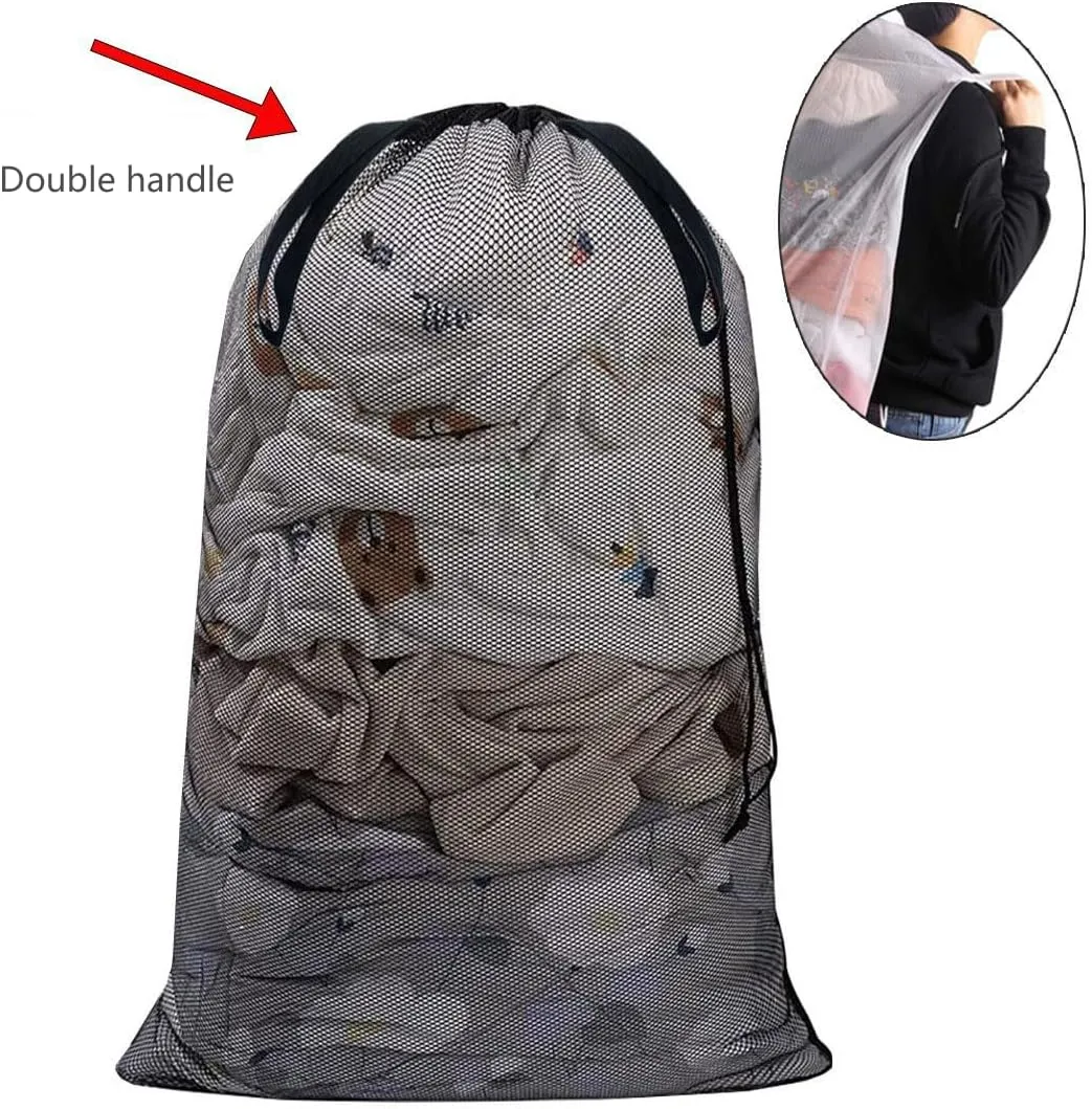 Laundry Bag Drawstring Clothes Wash Bag Window Curtain Clothes Organizer Mesh Laundry Bag Home Dorm, Travel and Outdoor Activities Black/White Matching Set of 6 (Double Handles Black Fine Mesh)