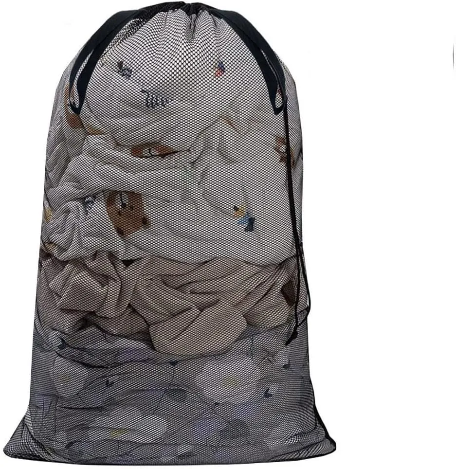 Laundry Bag Drawstring Clothes Wash Bag Window Curtain Clothes Organizer Mesh Laundry Bag Home Dorm, Travel and Outdoor Activities Black/White Matching Set of 6 (Double Handles Black Fine Mesh)