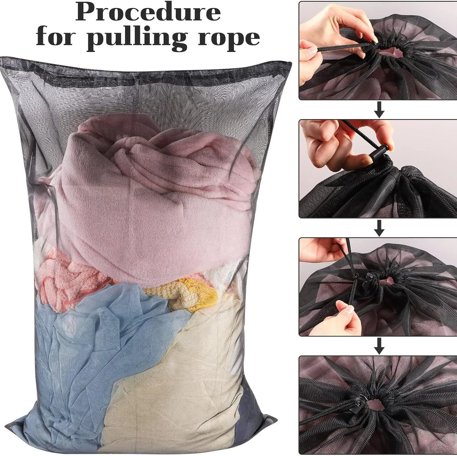 Laundry Bag Drawstring Clothes Wash Bag Window Curtain Clothes Organizer Mesh Laundry Bag Home Dorm, Travel and Outdoor Activities Black/White Matching Set of 6 (Double Handles Black Fine Mesh)