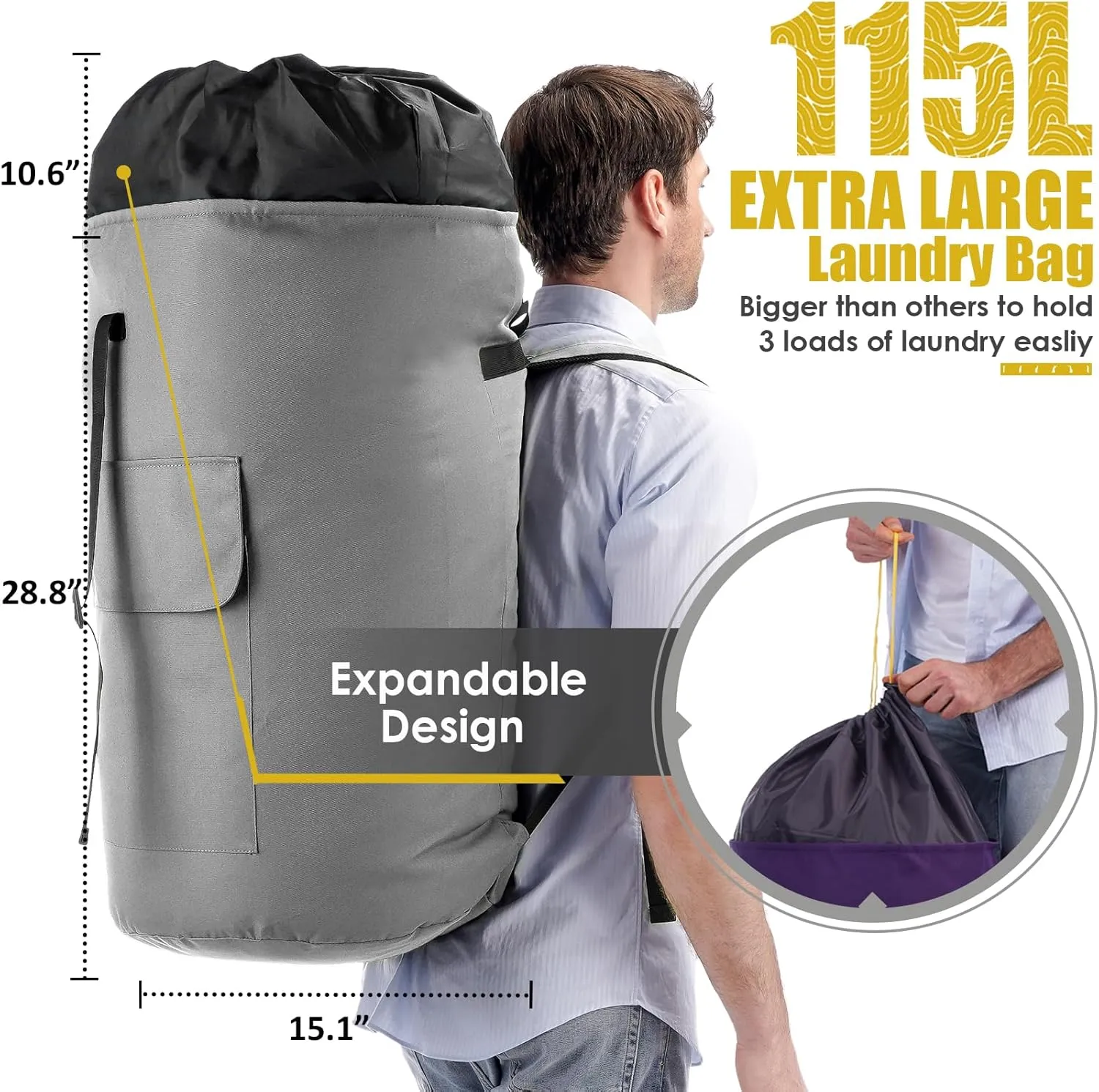 Laundry Bag Extra Large Heavy Duty, 115L Laundry Bag with Padded Shoulder Strap, Dorm Room Essential for Guys, Pale Gray Laundry Bags for College, XL Laundromat Bag, Laundry Duffle Bag for Camp