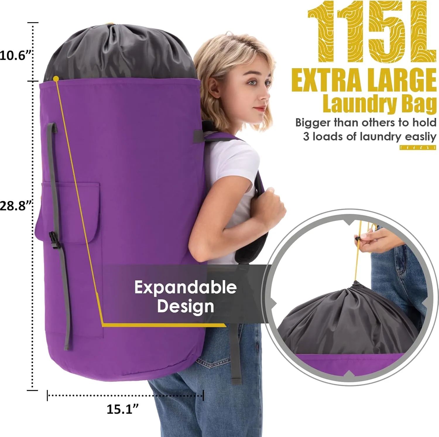 Laundry Bag for College, Laundry Bags Extra Large Heavy Duty, Portable Laundry Bag with Straps, Laundry Sack for Dorm, Dirty Clothes Bag, Large Laundromat Hamper Bag, College Dorm Room Essentials