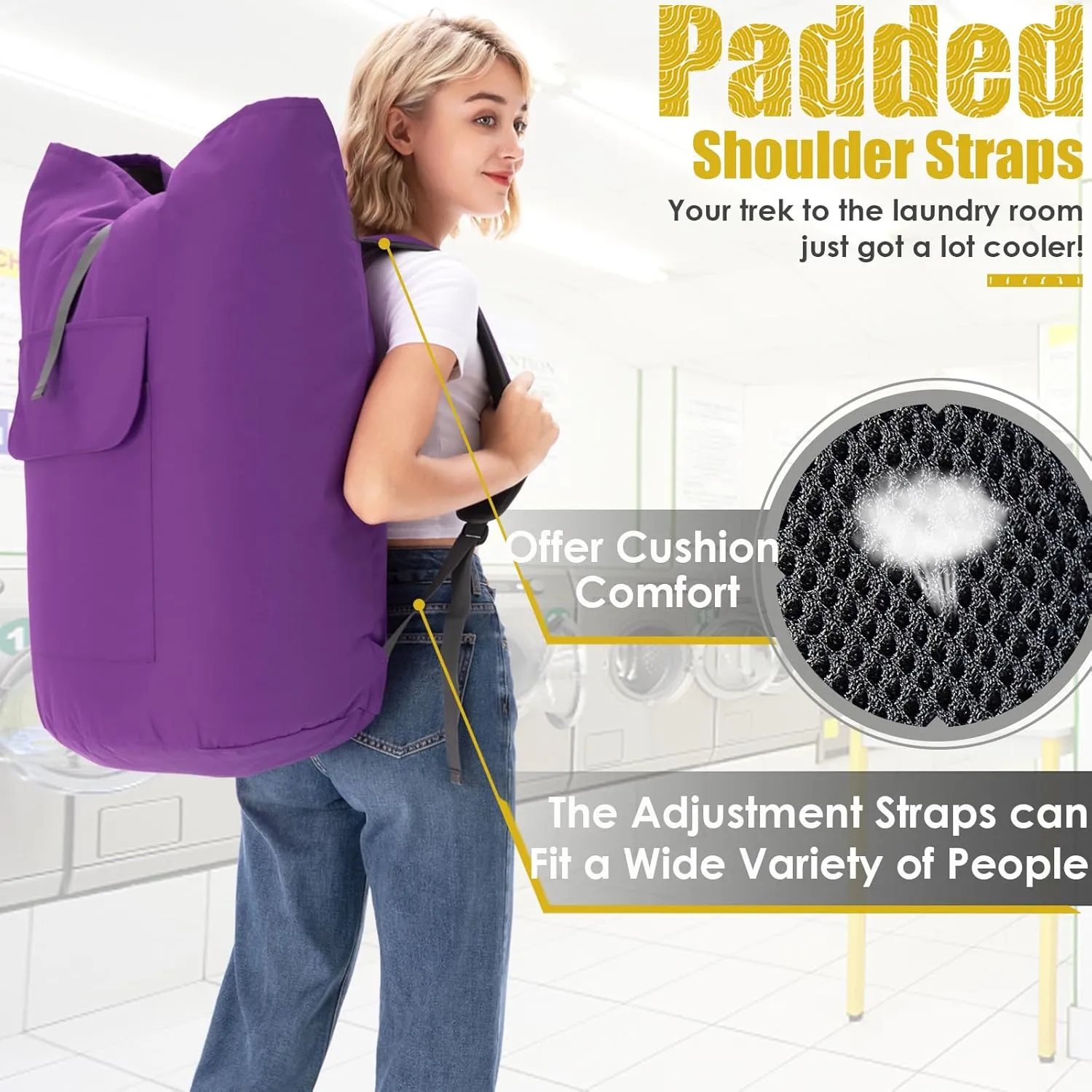 Laundry Bag for College, Laundry Bags Extra Large Heavy Duty, Portable Laundry Bag with Straps, Laundry Sack for Dorm, Dirty Clothes Bag, Large Laundromat Hamper Bag, College Dorm Room Essentials