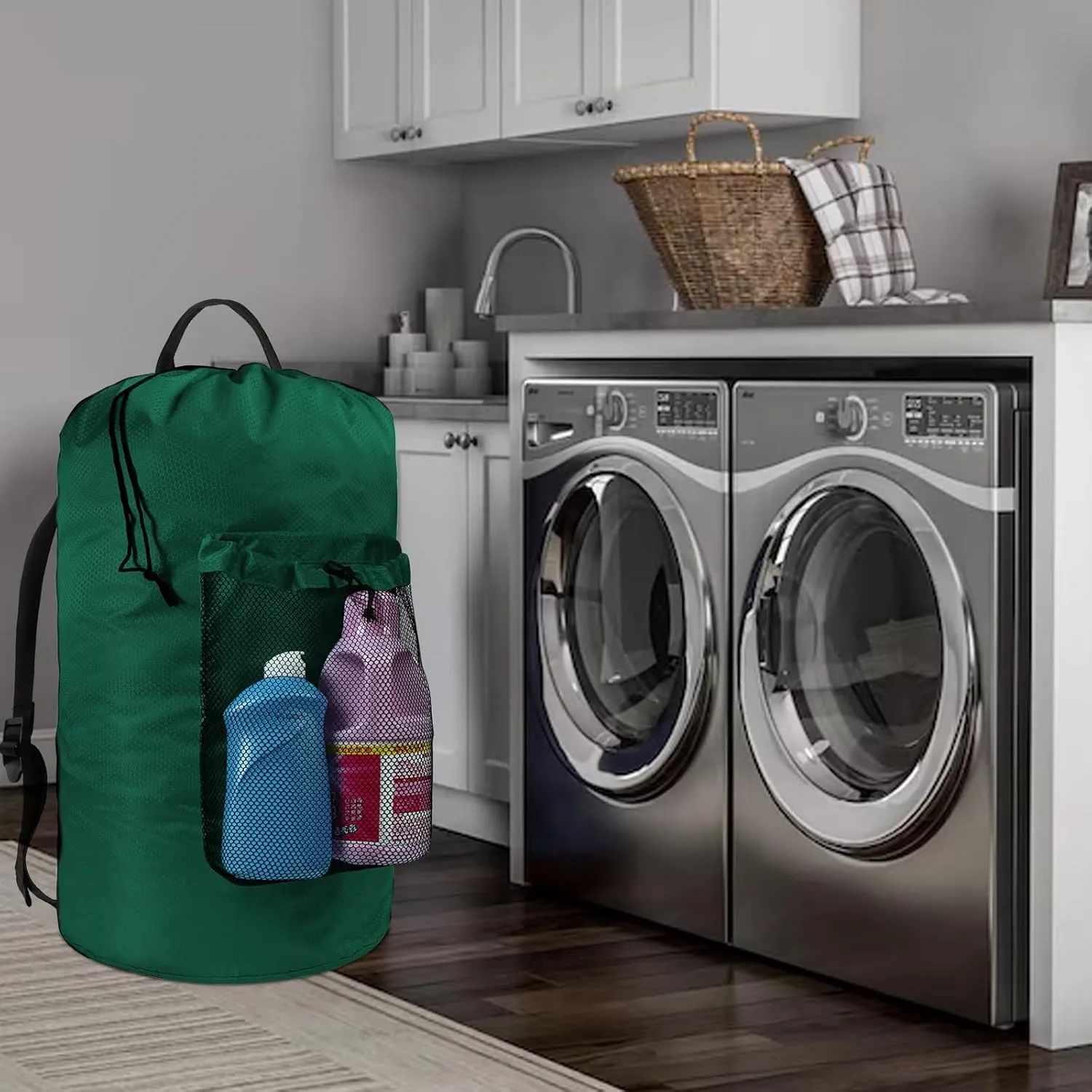 Laundry Bag with Shoulder Straps and Mesh Pocket Laundry Backpack Large Portable Laundry Hamper for College Laundromat Apartment (Green)