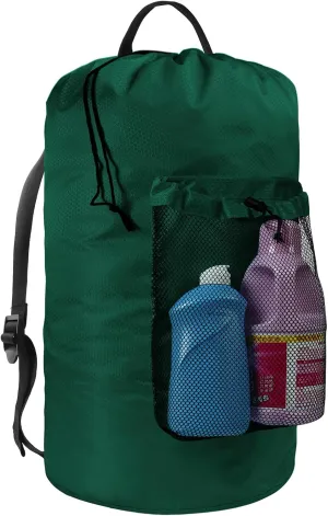 Laundry Bag with Shoulder Straps and Mesh Pocket Laundry Backpack Large Portable Laundry Hamper for College Laundromat Apartment (Green)