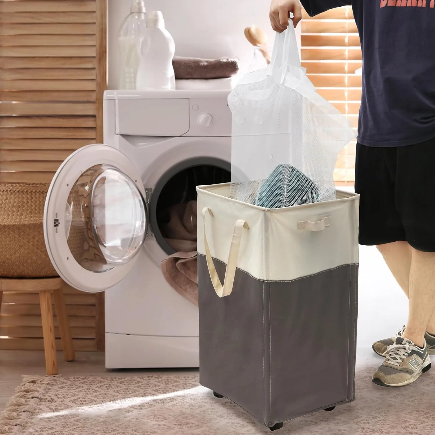 Laundry Basket with Wheels, 90L Large Collapsible Laundry Baskets, Foldable Rolling Laundry Hamper with Removable Wash Bag for Laundry, Clothes Storage, Tall Laundry Basket with Handles Grey